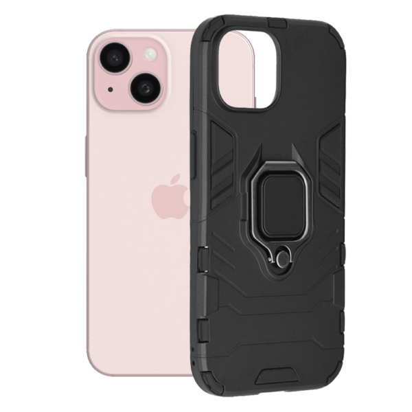 Husa COMANDO Armor Ring compatibila cu Apple Iphone 15, Tactical Defense Protect, Hybrid Antishock, Placuta metalica integrata pentru prindere suport auto, Inel rotativ 360 grade, PVC si PC, Negru