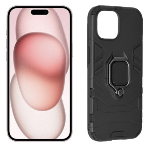 Husa COMANDO Armor Ring compatibila cu Apple Iphone 15, Tactical Defense Protect, Hybrid Antishock, Placuta metalica integrata pentru prindere suport auto, Inel rotativ 360 grade, PVC si PC, Negru