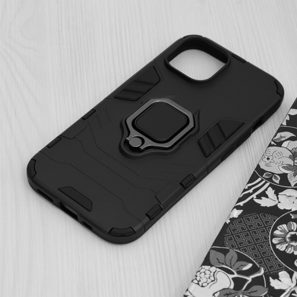 Husa COMANDO Armor Ring compatibila cu Apple Iphone 15, Tactical Defense Protect, Hybrid Antishock, Placuta metalica integrata pentru prindere suport auto, Inel rotativ 360 grade, PVC si PC, Negru