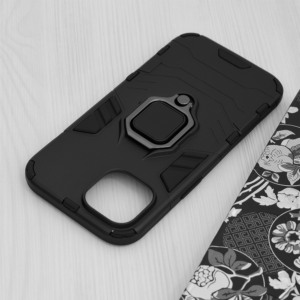 Husa COMANDO Armor Ring compatibila cu Apple Iphone 15, Tactical Defense Protect, Hybrid Antishock, Placuta metalica integrata pentru prindere suport auto, Inel rotativ 360 grade, PVC si PC, Negru