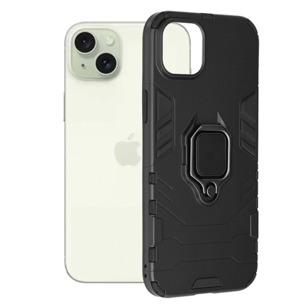 Husa COMANDO Armor Ring compatibila cu Apple Iphone 15 Plus, Tactical Defense Protect, Hybrid Antishock, Placuta metalica integrata pentru prindere suport auto, Inel rotativ 360 grade, PVC si PC, Negru