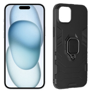 Husa COMANDO Armor Ring compatibila cu Apple Iphone 15 Plus, Tactical Defense Protect, Hybrid Antishock, Placuta metalica integrata pentru prindere suport auto, Inel rotativ 360 grade, PVC si PC, Negru