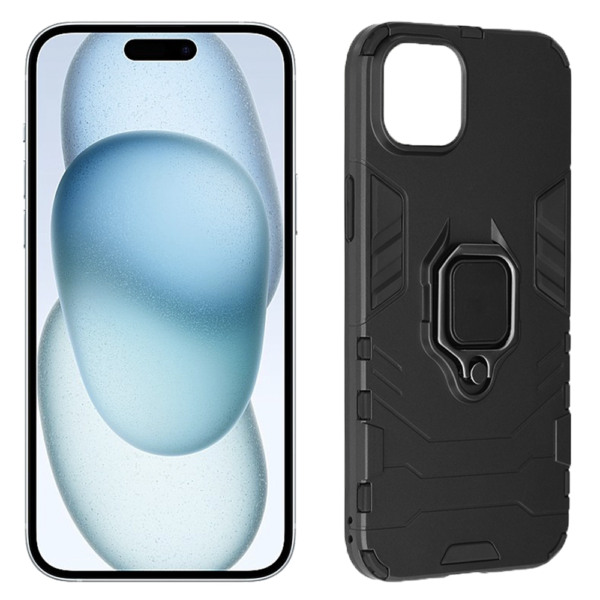 Husa COMANDO Armor Ring compatibila cu Apple Iphone 15 Plus, Tactical Defense Protect, Hybrid Antishock, Placuta metalica integrata pentru prindere suport auto, Inel rotativ 360 grade, PVC si PC, Negru