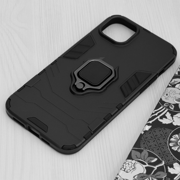 Husa COMANDO Armor Ring compatibila cu Apple Iphone 15 Plus, Tactical Defense Protect, Hybrid Antishock, Placuta metalica integrata pentru prindere suport auto, Inel rotativ 360 grade, PVC si PC, Negru