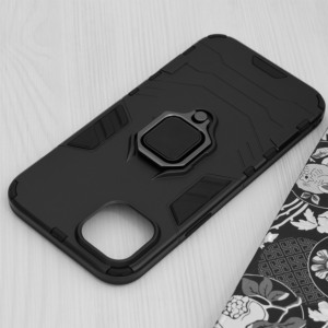 Husa COMANDO Armor Ring compatibila cu Apple Iphone 15 Plus, Tactical Defense Protect, Hybrid Antishock, Placuta metalica integrata pentru prindere suport auto, Inel rotativ 360 grade, PVC si PC, Negru