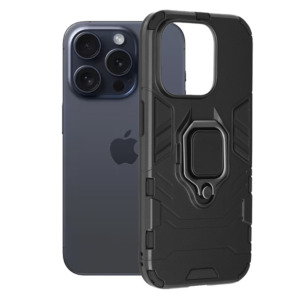 Husa COMANDO Armor Ring compatibila cu Apple Iphone 15 Pro, Tactical Defense Protect, Hybrid Antishock, Placuta metalica integrata pentru prindere suport auto, Inel rotativ 360 grade, PVC si PC, Negru