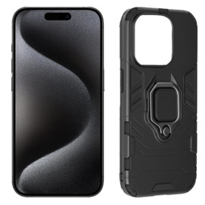 Husa COMANDO Armor Ring compatibila cu Apple Iphone 15 Pro, Tactical Defense Protect, Hybrid Antishock, Placuta metalica integrata pentru prindere suport auto, Inel rotativ 360 grade, PVC si PC, Negru