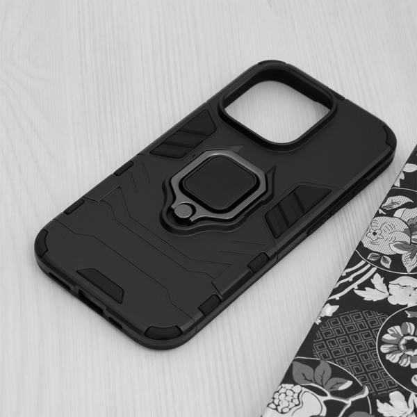 Husa COMANDO Armor Ring compatibila cu Apple Iphone 15 Pro, Tactical Defense Protect, Hybrid Antishock, Placuta metalica integrata pentru prindere suport auto, Inel rotativ 360 grade, PVC si PC, Negru