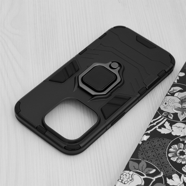 Husa COMANDO Armor Ring compatibila cu Apple Iphone 15 Pro, Tactical Defense Protect, Hybrid Antishock, Placuta metalica integrata pentru prindere suport auto, Inel rotativ 360 grade, PVC si PC, Negru