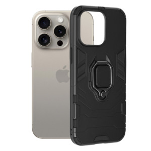 Husa COMANDO Armor Ring compatibila cu Apple Iphone 15 Pro Max, Tactical Defense Protect, Hybrid Antishock, Placuta metalica integrata pentru prindere suport auto, Inel rotativ 360 grade, PVC si PC, Negru