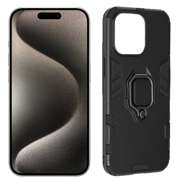 Husa COMANDO Armor Ring compatibila cu Apple Iphone 15 Pro Max, Tactical Defense Protect, Hybrid Antishock, Placuta metalica integrata pentru prindere suport auto, Inel rotativ 360 grade, PVC si PC, Negru