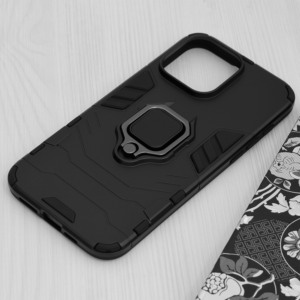 Husa COMANDO Armor Ring compatibila cu Apple Iphone 15 Pro Max, Tactical Defense Protect, Hybrid Antishock, Placuta metalica integrata pentru prindere suport auto, Inel rotativ 360 grade, PVC si PC, Negru