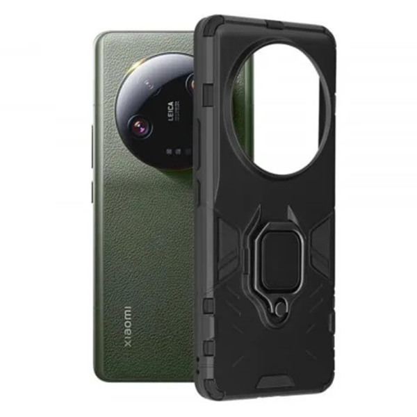 Husa COMANDO Armor Ring compatibila cu Xiaomi 14 Ultra, Tactical Defense Protect, Hybrid Antishock, Placuta metalica integrata pentru prindere suport auto, Inel rotativ 360 grade, PVC si PC, Negru