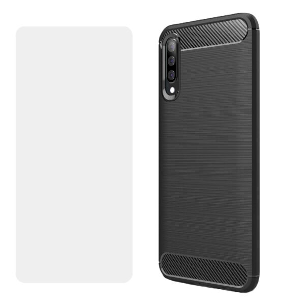 Set husa carbon cu folie compatibil cu Samsung Galaxy A70, Antisoc, Efect Cooling, Protectie 360, Negru