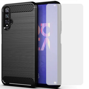 Set husa carbon cu folie compatibil cu Huawei Nova 5T, Antisoc, Efect Cooling, Protectie 360, Negru