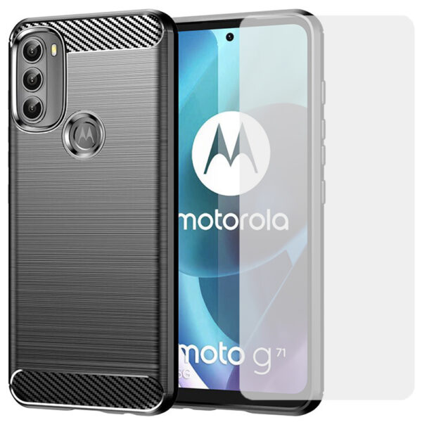 Set husa carbon cu folie compatibil cu Motorola Moto G71, Antisoc, Efect Cooling, Protectie 360, Negru