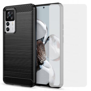 Set husa carbon cu folie compatibil cu Xiaomi 12T Pro, Antisoc, Efect Cooling, Protectie 360, Negru