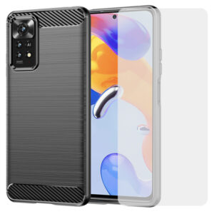 Set husa carbon cu folie compatibil cu Xiaomi Redmi Note 11 Pro 4G, Antisoc, Efect Cooling, Protectie 360, Negru