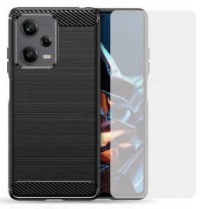 Set husa carbon cu folie compatibil cu Xiaomi Redmi Note 12 Pro 5G, Antisoc, Efect Cooling, Protectie 360, Negru