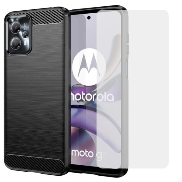 Set husa carbon cu folie compatibil cu Motorola Moto G13, Antisoc, Efect Cooling, Protectie 360, Negru