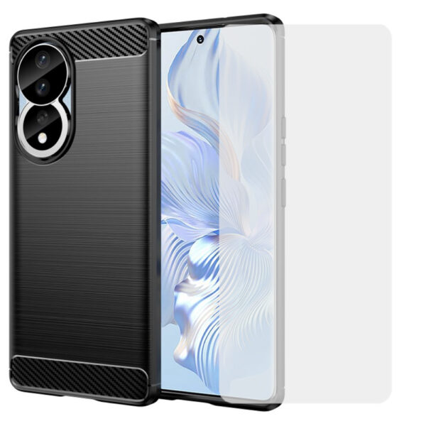 Set husa carbon cu folie compatibil cu Honor 90, Antisoc, Efect Cooling, Protectie 360, Negru