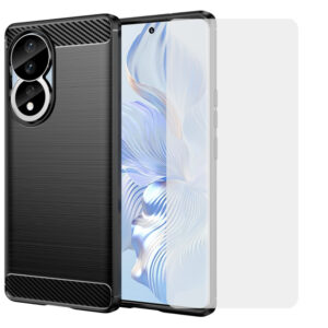 Set husa carbon cu folie compatibil cu Honor 80, Antisoc, Efect Cooling, Protectie 360, Negru