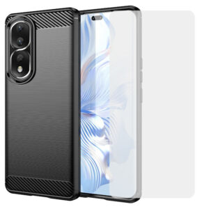 Set husa carbon cu folie compatibil cu Honor 80 Pro, Antisoc, Efect Cooling, Protectie 360, Negru