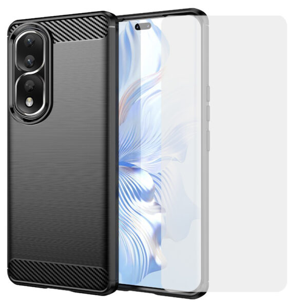 Set husa carbon cu folie compatibil cu Honor 80 Pro, Antisoc, Efect Cooling, Protectie 360, Negru