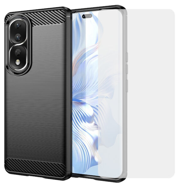 Set husa carbon cu folie compatibil cu Honor 90 Pro, Antisoc, Efect Cooling, Protectie 360, Negru