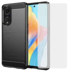 Set husa carbon cu folie compatibil cu Oppo A98 5G, Antisoc, Efect Cooling, Protectie 360, Negru