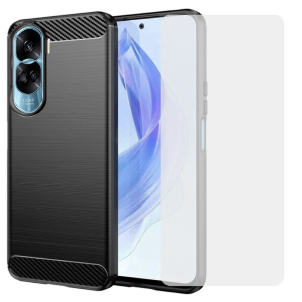 Set husa carbon cu folie compatibil cu Honor 90 Lite, Antisoc, Efect Cooling, Protectie 360, Negru