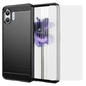 Set husa carbon cu folie compatibil cu Nothing Phone 2, Antisoc, Efect Cooling, Protectie 360, Negru