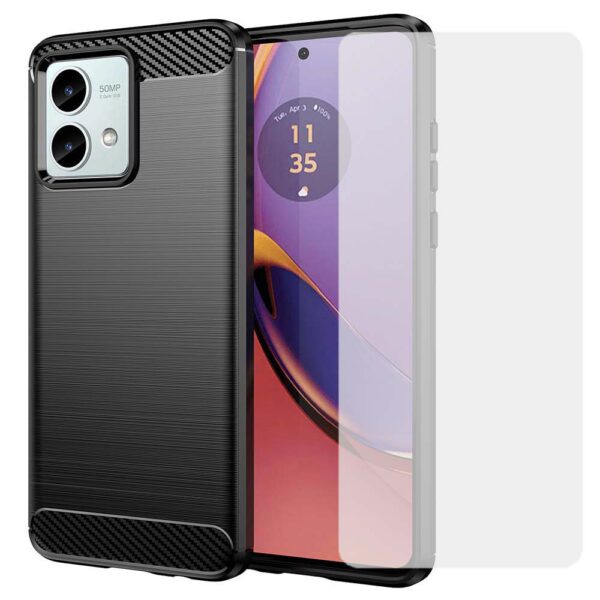 Set husa carbon cu folie compatibil cu Motorola Moto G84, Antisoc, Efect Cooling, Protectie 360, Negru