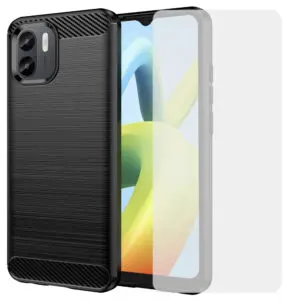 Set husa carbon cu folie compatibil cu Xiaomi Redmi A1, Antisoc, Efect Cooling, Protectie 360, Negru