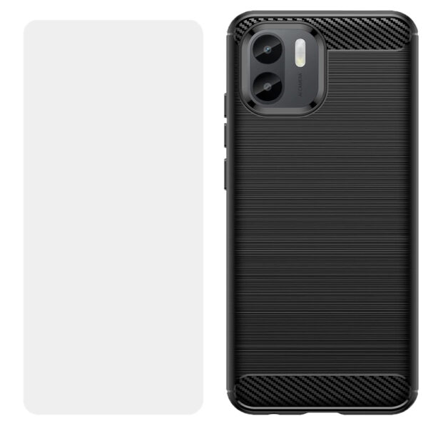 Set husa carbon cu folie compatibil cu Xiaomi Redmi A1, Antisoc, Efect Cooling, Protectie 360, Negru - 2