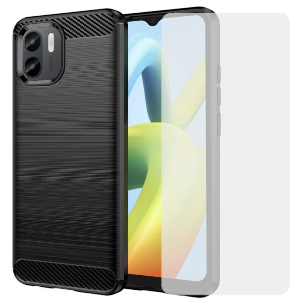 Set husa carbon cu folie compatibil cu Xiaomi Redmi A2, Antisoc, Efect Cooling, Protectie 360, Negru