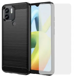 Set husa carbon cu folie compatibil cu Xiaomi Redmi A1 Plus / A1 +, Antisoc, Efect Cooling, Protectie 360, Negru