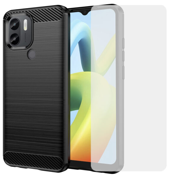 Set husa carbon cu folie compatibil cu Xiaomi Redmi A2 Plus / A2 +, Antisoc, Efect Cooling, Protectie 360, Negru