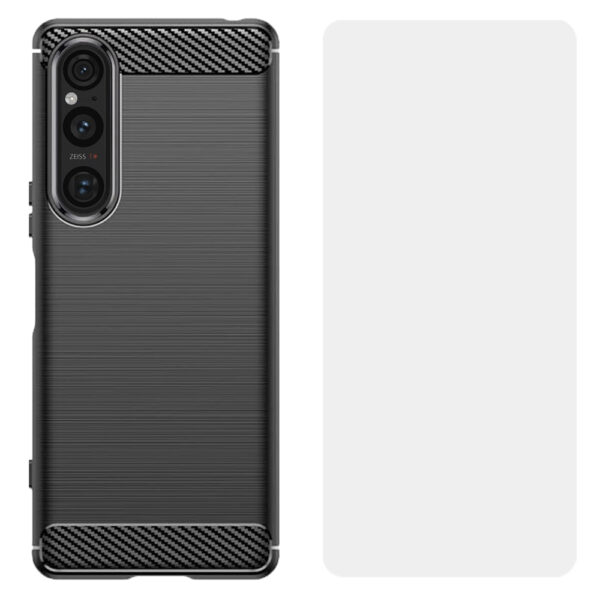 Set husa carbon cu folie compatibil cu Sony Xperia 1 V, Antisoc, Efect Cooling, Protectie 360, Negru