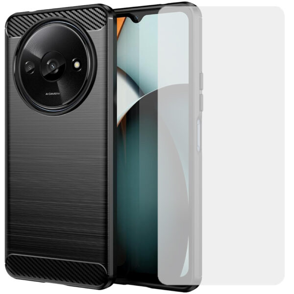 Set husa carbon cu folie compatibil cu Xiaomi Redmi A3, Antisoc, Efect Cooling, Protectie 360, Negru