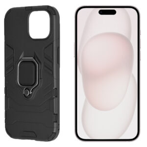 Set husa Comando Armor Ring cu folie de silicon compatibila cu iPhone 15, Antisoc, Ultrarezistenta, Protectie 360, Inel Metalic Rotativ, Negru