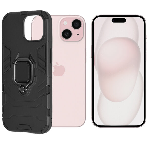 Set husa Comando Armor Ring cu folie de silicon compatibila cu iPhone 15, Antisoc, Ultrarezistenta, Protectie 360, Inel Metalic Rotativ, Negru - 2