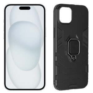 Set husa Comando Armor Ring cu folie de silicon compatibila cu iPhone 15 Plus, Antisoc, Ultrarezistenta, Protectie 360, Inel Metalic Rotativ, Negru