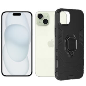 Set husa Comando Armor Ring cu folie de silicon compatibila cu iPhone 15 Plus, Antisoc, Ultrarezistenta, Protectie 360, Inel Metalic Rotativ, Negru - 2