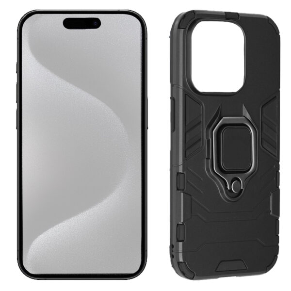 Set husa Comando Armor Ring cu folie de silicon compatibila cu iPhone 15 Pro, Antisoc, Ultrarezistenta, Protectie 360, Inel Metalic Rotativ, Negru