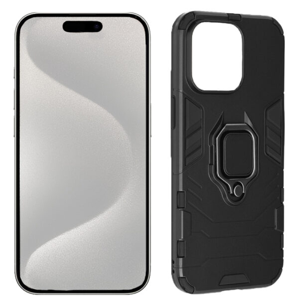 Set husa Comando Armor Ring cu folie de silicon compatibila cu iPhone 15 Pro Max, Antisoc, Ultrarezistenta, Protectie 360, Inel Metalic Rotativ, Negru