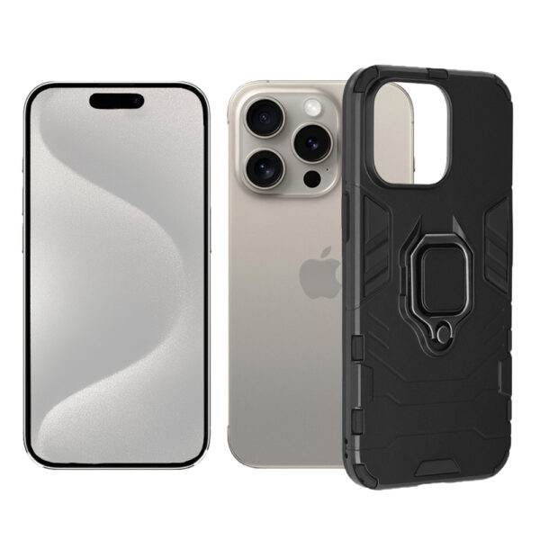 Set husa Comando Armor Ring cu folie de silicon compatibila cu iPhone 15 Pro Max, Antisoc, Ultrarezistenta, Protectie 360, Inel Metalic Rotativ, Negru - 2