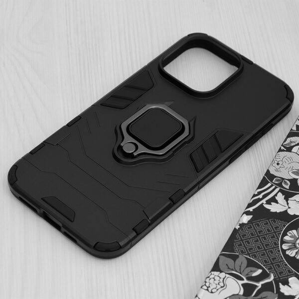 Set husa Comando Armor Ring cu folie de silicon compatibila cu iPhone 15 Pro Max, Antisoc, Ultrarezistenta, Protectie 360, Inel Metalic Rotativ, Negru - 5