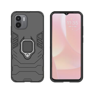 Set husa Comando Armor Ring cu folie de silicon compatibila cu Xiaomi Redmi A1, Antisoc, Ultrarezistenta, Protectie 360, Inel Metalic Rotativ, Negru