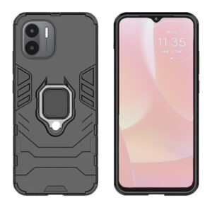 Set husa Comando Armor Ring cu folie de silicon compatibila cu Xiaomi Redmi A2, Antisoc, Ultrarezistenta, Protectie 360, Inel Metalic Rotativ, Negru